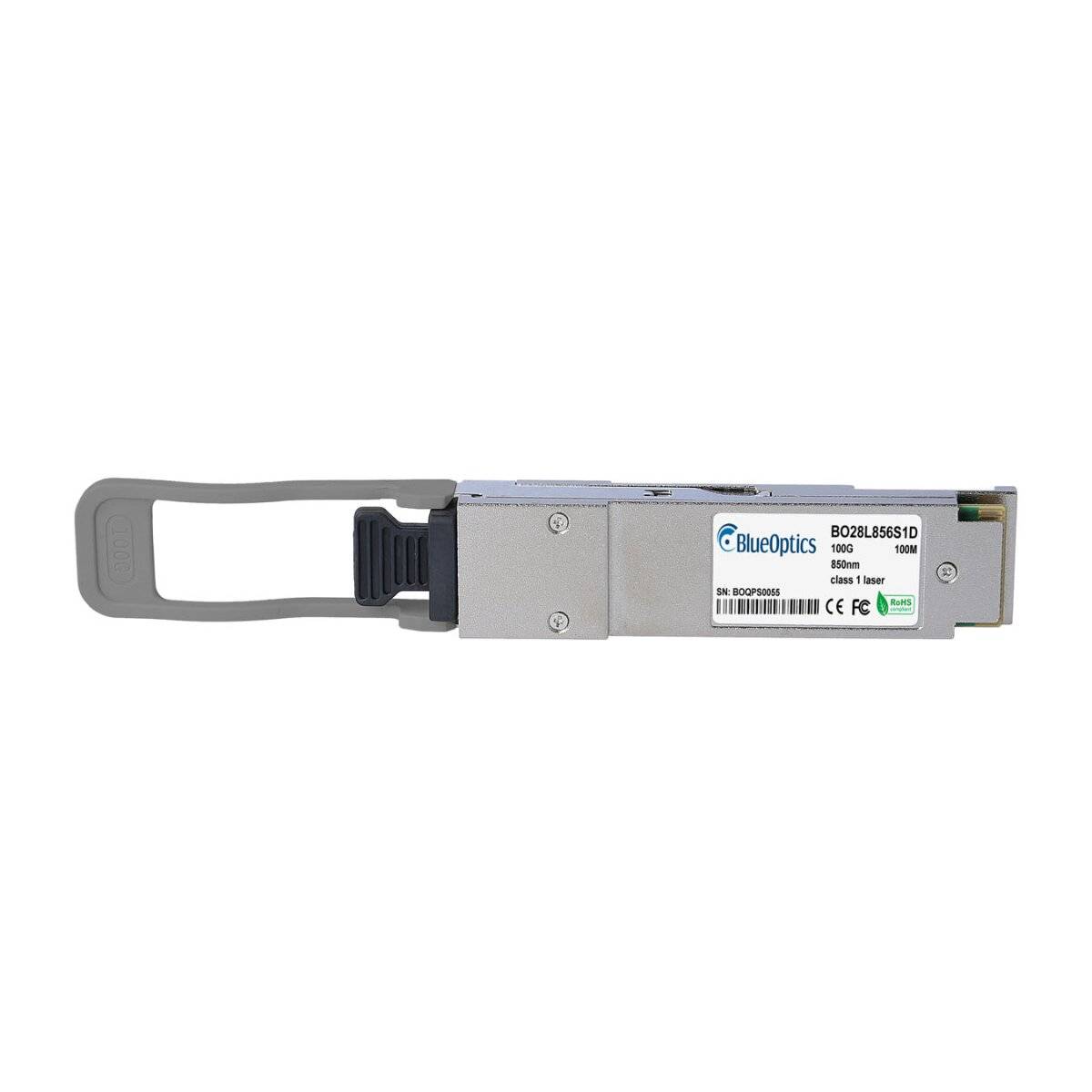 BlueOptics B028L8561D Optical-Transceiver-Modul mit Zuglasche, auf weißem Hintergrund dargestellt.