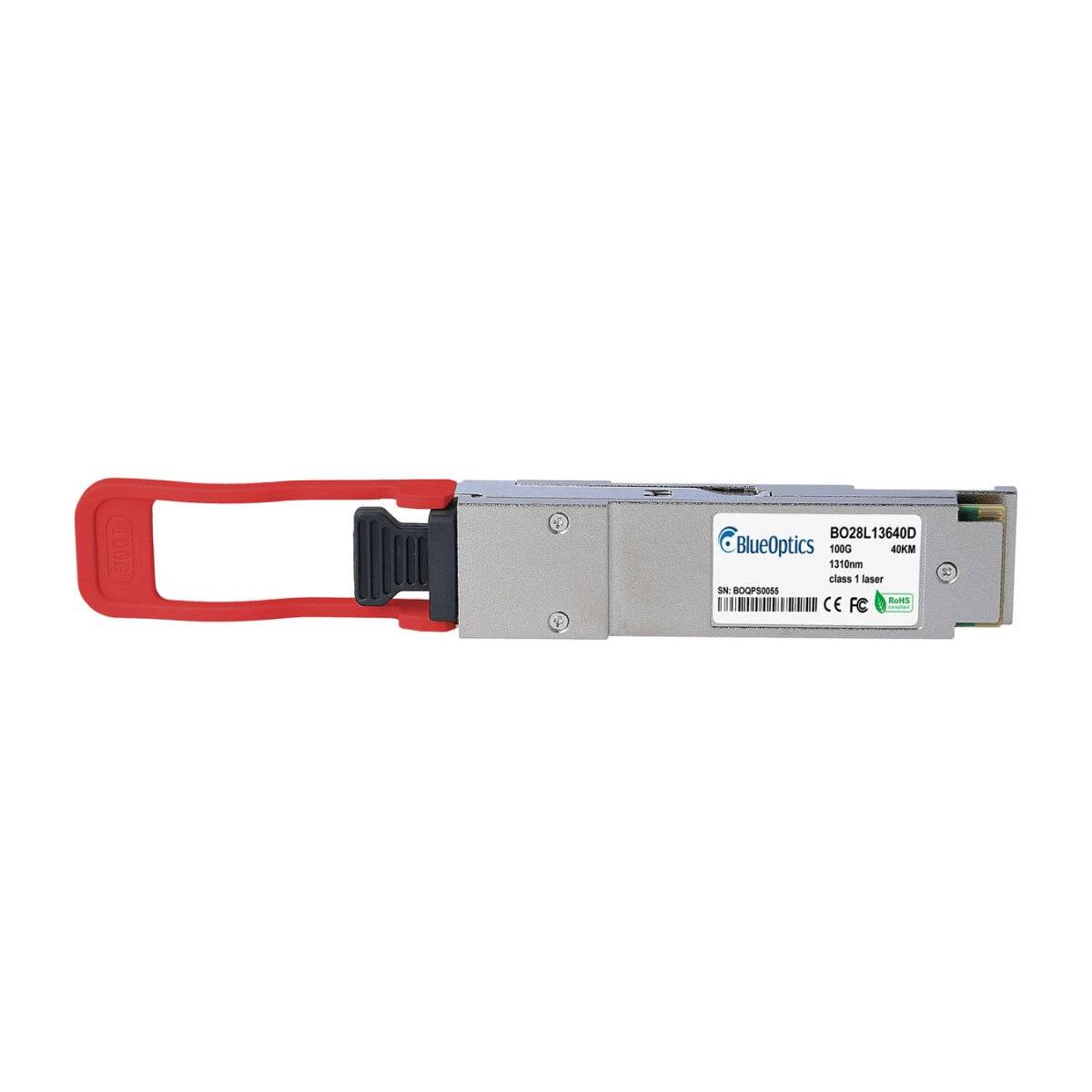 Ein BlueOptics Glasfaser-Transceiver-Modul mit einem roten Zuggriff auf weißem Hintergrund.