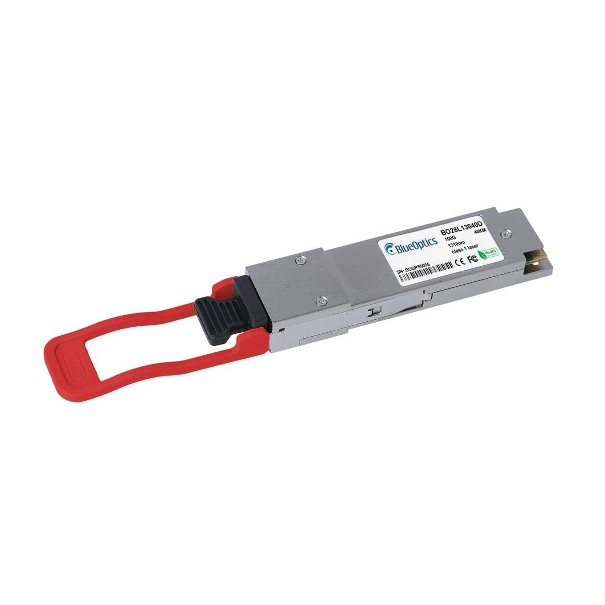 Ein BlueOptics Lichtwellenleiter-Transceiver-Modul mit rotem Zuggriff, dargestellt auf weißem Hintergrund.
