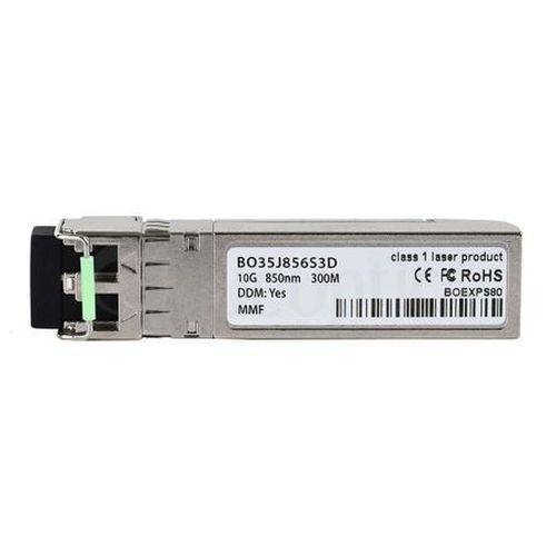 Ein kleines optisches Transceiver-Modul mit Metallgehäuse und Frontstecker, gekennzeichnet mit „B035J856S3D