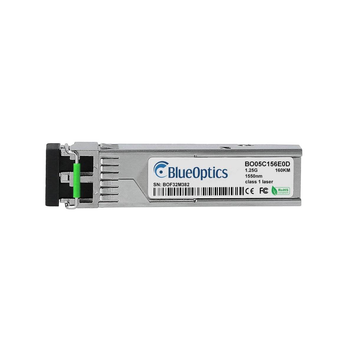 BlueOptics Glasfaser-Transceiver-Modul mit Metallgehäuse und schwarzem Stecker, beschriftet mit „B0C5C156E0D