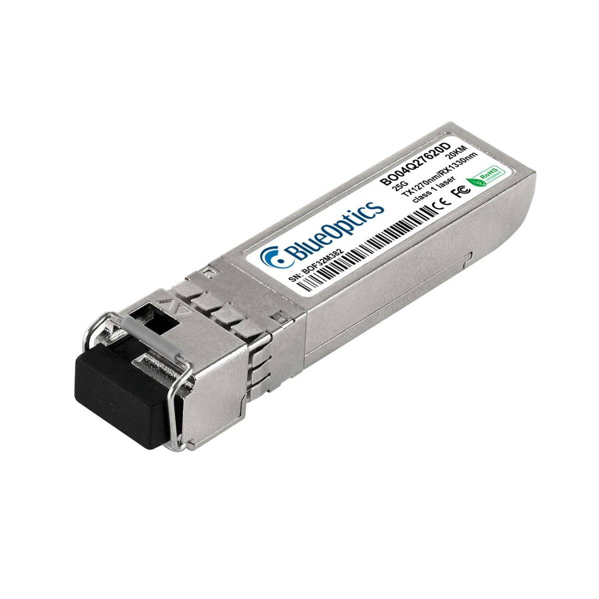 BlueOptics SFP-Transceiver-Modul mit Metallgehäuse und schwarzem Stecker, abgebildet auf weißem Hintergrund.