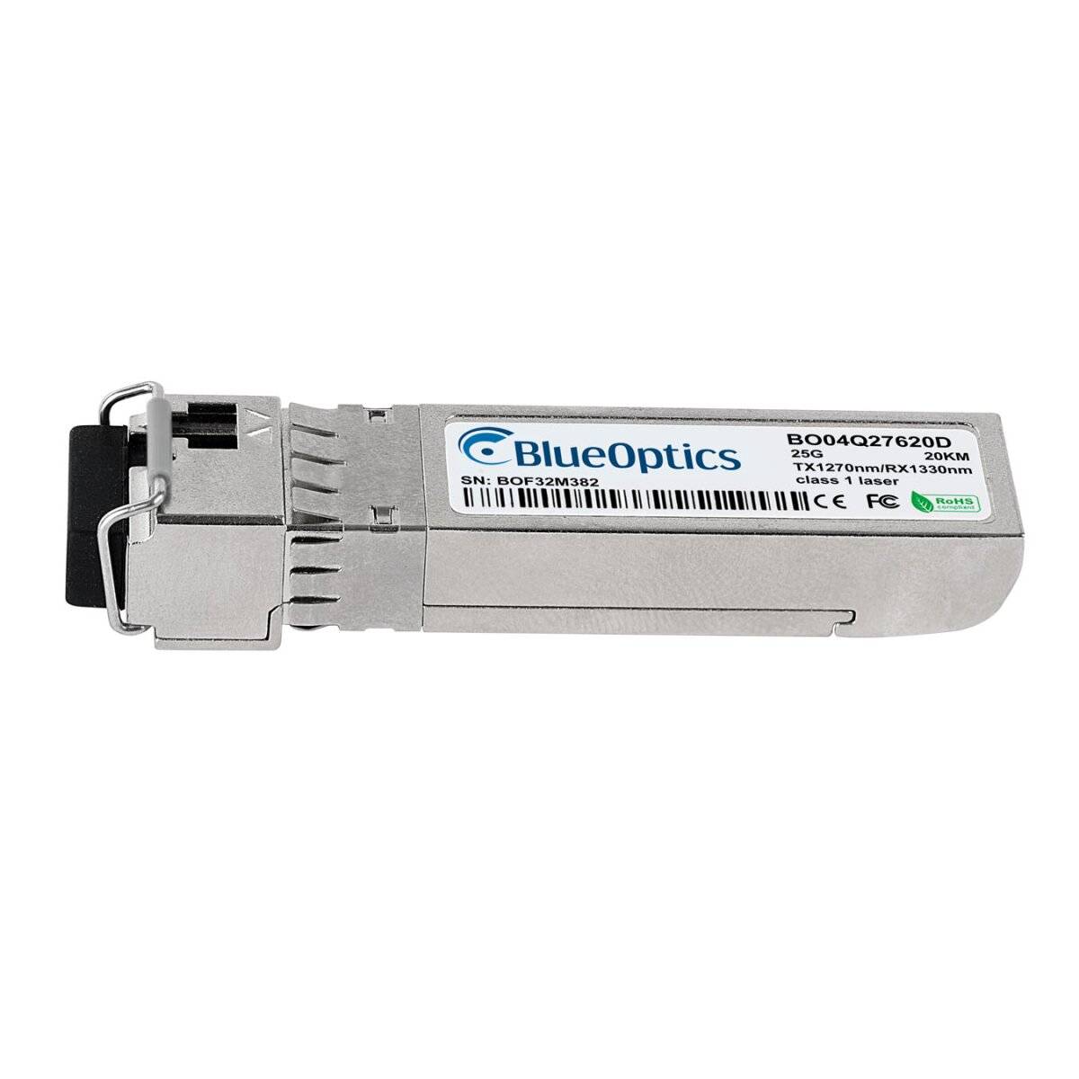 BlueOptics Glasfaser-Transceiver-Modul, silberner SFP-Stil-Netzwerk-Stecker mit Etikett und Verriegelung auf weißem Hintergrund.
