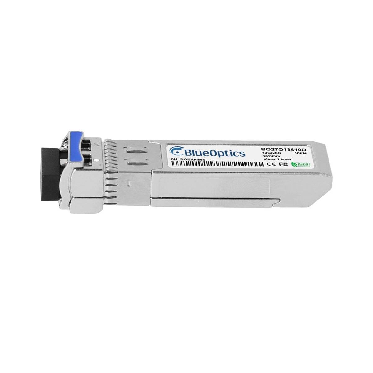 BlueOptics optisches Transceiver-Modul mit Metallsteckergehäuse und Etikett, isoliert auf weißem Hintergrund dargestellt.