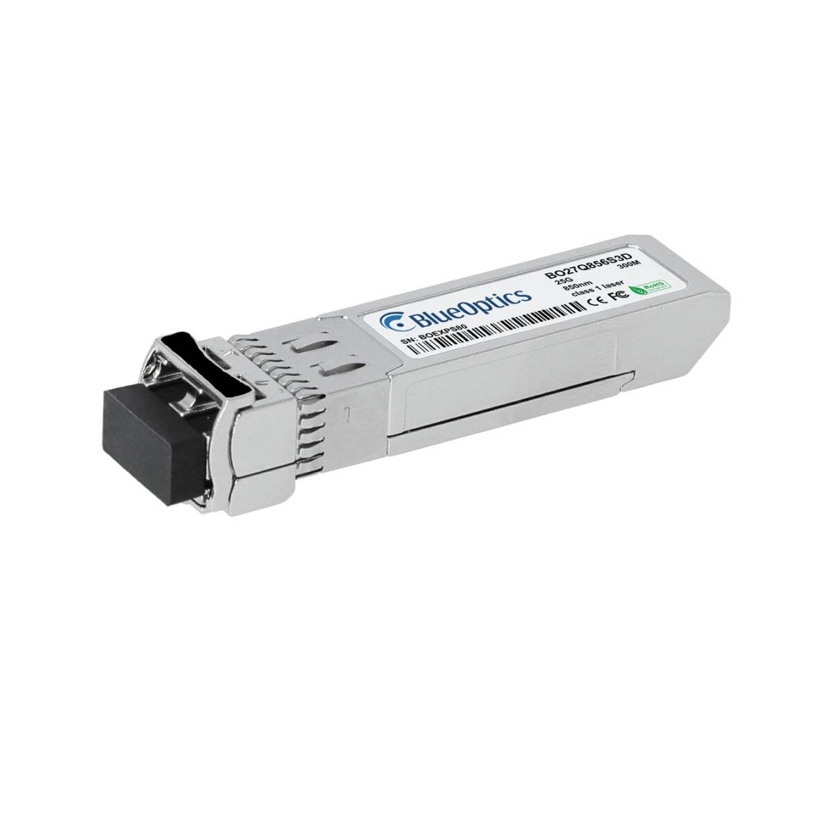 Silver BlueOptics Faseroptik-Transceiver-Modul mit schwarzer Steckerkappung, abgebildet auf weißem Hintergrund.