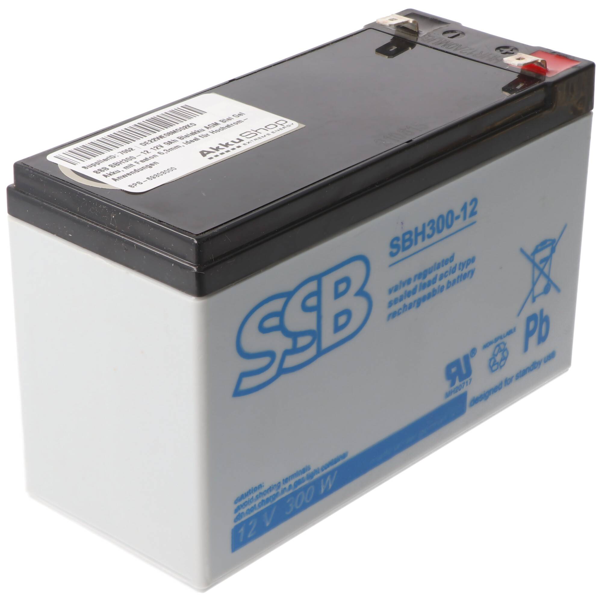SSB SBH300-12 12V 9Ah Bleiakku AGM Blei Gel Akku, mit Faston 6,3mm, ideal für Hochstrom-Anwendungen