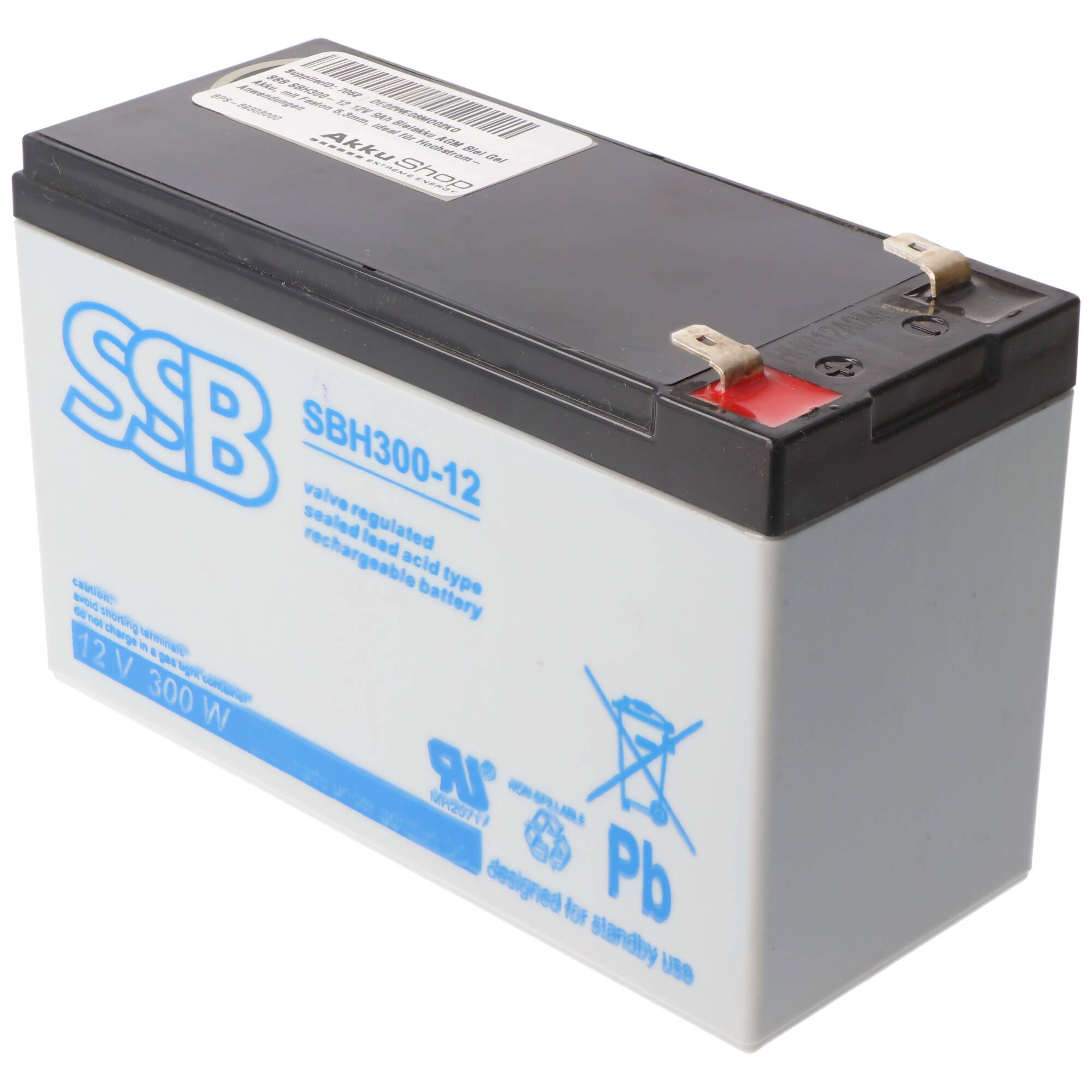 SSB SBH300-12 12V 9Ah Bleiakku AGM Blei Gel Akku, mit Faston 6,3mm, ideal für Hochstrom-Anwendungen