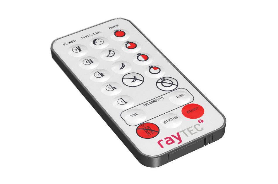 Silber RayTec Fernbedienung mit beschrifteten Tasten für Stromversorgung, Modell, Timer, Dimmer, Status und elektrische/Telemetriefunktionen.