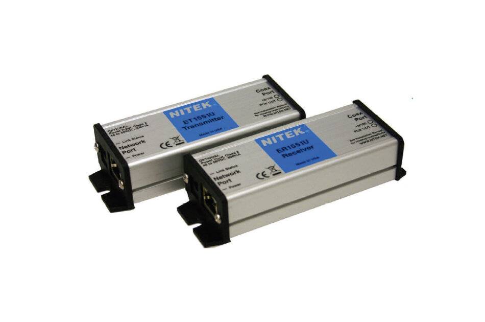 Zwei NITEK Ethernet-Stromtransformatoren in silbernen Metallgehäusen auf weißem Hintergrund, nebeneinander angeordnet.