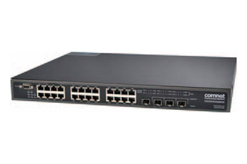 Ein Netzwerk-Switch mit 24 Ethernet-Anschlüssen und 4 Glasfaseranschlüssen wird dargestellt, der zur Verbindung von Geräten in einem lokalen Netzwerk verwendet wird.