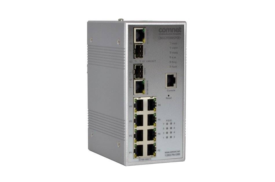 Grauer Industrie-Netzwerk-Switch mit mehreren Ethernet-Anschlüssen und LED-Statusanzeigen auf der Frontplatte.