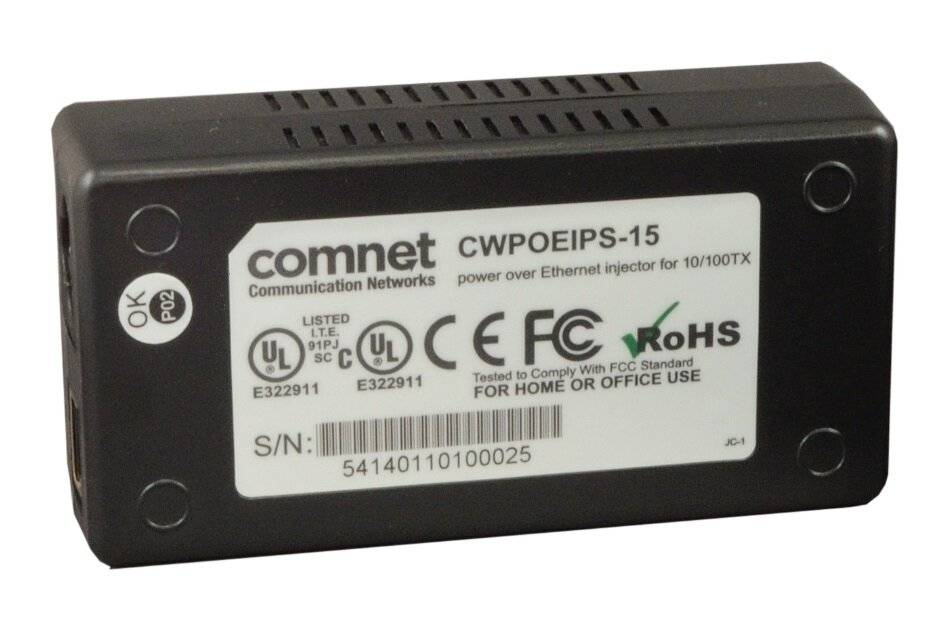 Black ComNet CWPOEIPS-15 Power-over-Ethernet-Injektor, gekennzeichnet mit 