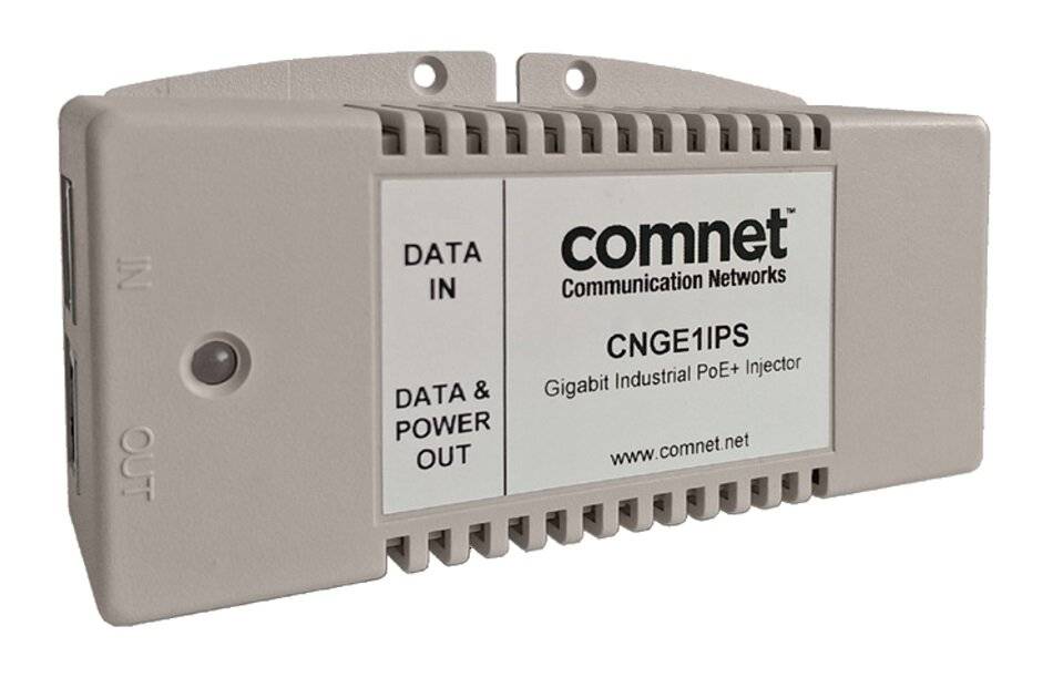 Comnet CNGE1IPS Gigabit Industrial PoE+ Injektor mit DATA IN und DATA & POWER OUT Anschlüssen, gezeigt in beigem Gehäuse.