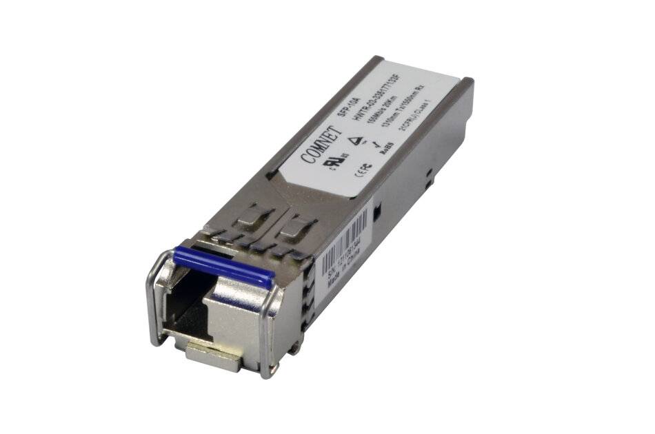 Ein kleines ComNet-Faseroptik-Transceiver-Modul mit Metallgehäuse und LC-Anschlussport auf weißem Hintergrund.