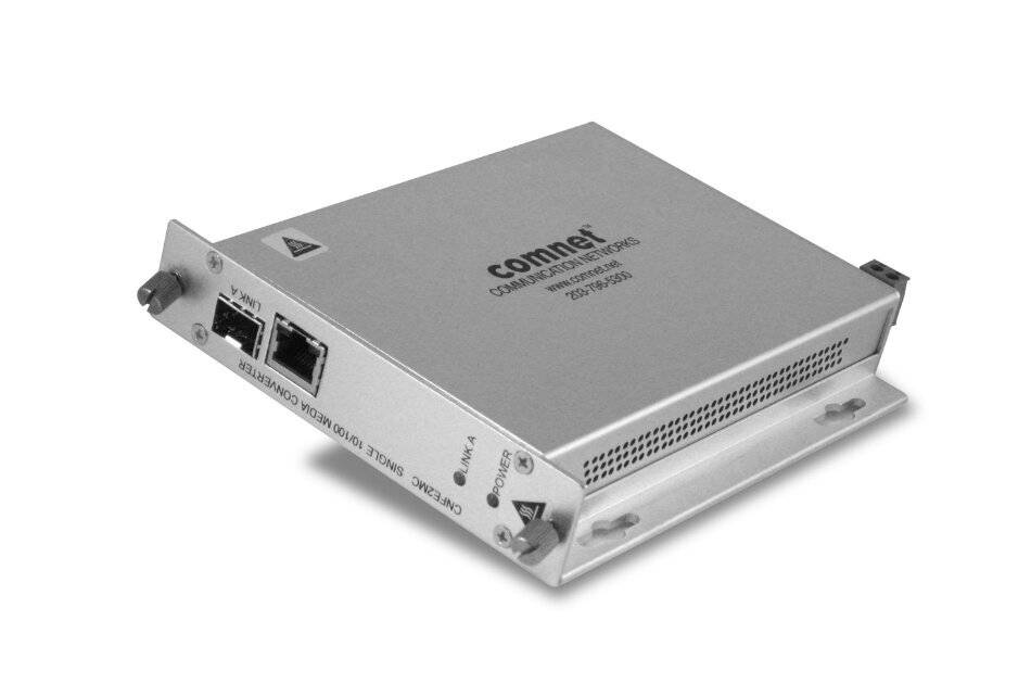 Eine Metall-Kommunikationsumwandlerbox mit der Bezeichnung 'COMNET' mit Glasfaser- und RJ-45-Anschlüssen, die in Netzwerkinfrastruktur-Konfigurationen verwendet wird.