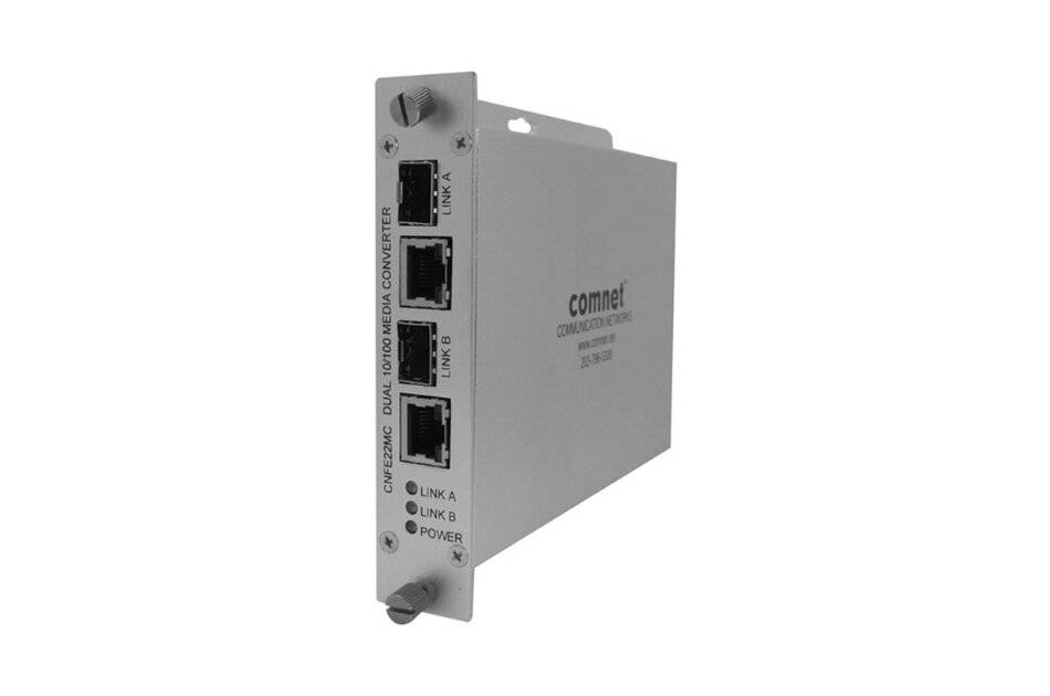 Industrial ComNet Ethernet-Medienkonverter-Modul mit vier Frontanschlüssen und LED-Link-/Stromanzeigen auf einem grauen Metallgehäuse.