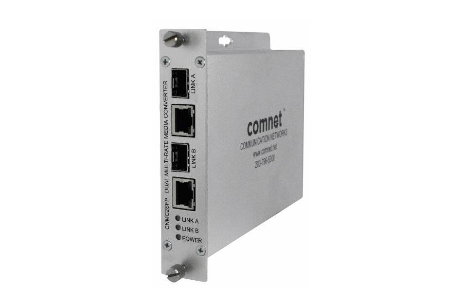 Industrielles ComNet-Dual-Multimedia-Konvertermodul mit drei Frontanschlüssen mit den Bezeichnungen Link A, Link B und einem Faserport, plus Statusanzeigen für Link A, Link B und Stromversorgung.