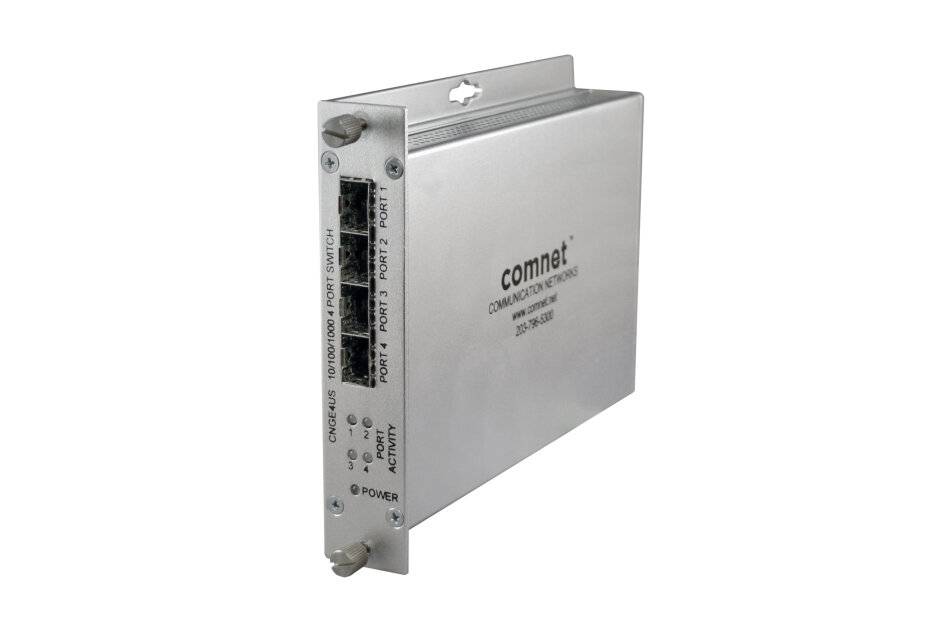 Silber Comnet Industrial-Netzwerkschalter mit vier Ethernet-Anschlüssen und Status-LEDs, angezeigt in einem metallenen Wandmontage-Gehäuse.