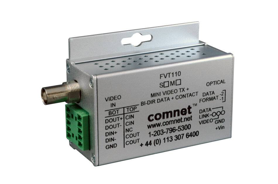 FVT110' beschrifteter Mini-Videotransmitter von Comnet mit Anschlüssen für Video-Eingang, Daten und optische Verbindungen; enthält Kontaktinformationen.