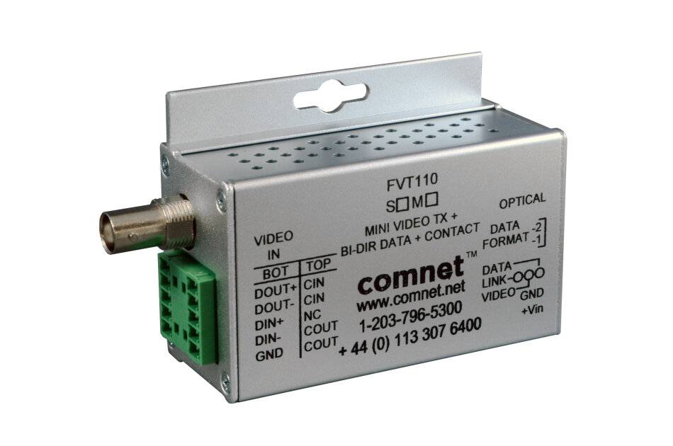 Silver Comnet FVT110 optisches Video-Sendemodul mit grünem Anschlussblock und Montagebügel, gekennzeichnet mit „VIDEO IN