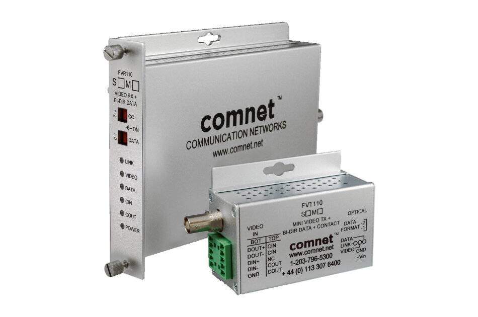 Zwei Comnet Communication Networks Metallnetzwerkmodule auf weißem Hintergrund gezeigt, eines größer und eines kleiner, gekennzeichnet für Video- und bidirektionale Datenübertragung.