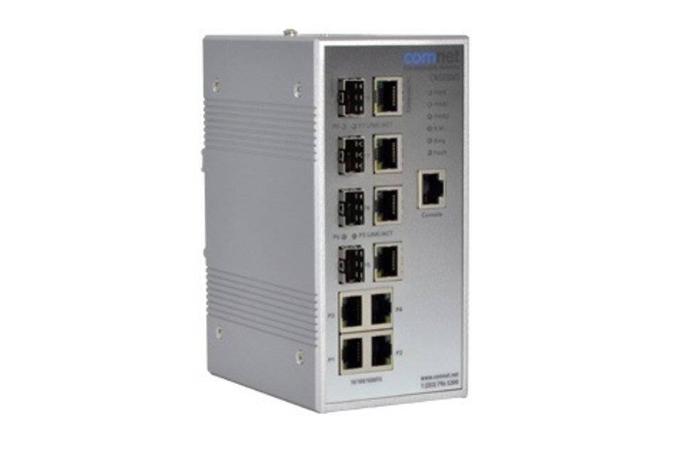 Industrie-Ethernet-Switch mit mehreren RJ45- und Glasfaseranschlüssen in einem grauen Metallgehäuse