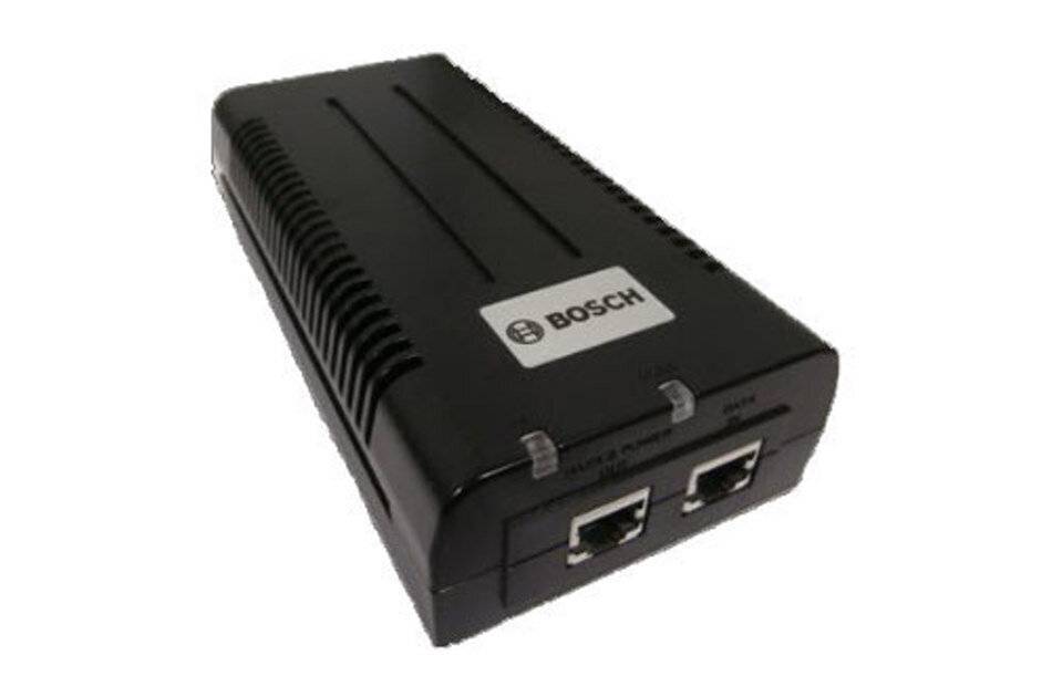 Ein schwarzes elektronisches Gerät von Bosch mit zwei Ethernet-Anschlüssen, typischerweise für Netzwerkverbindungen verwendet.