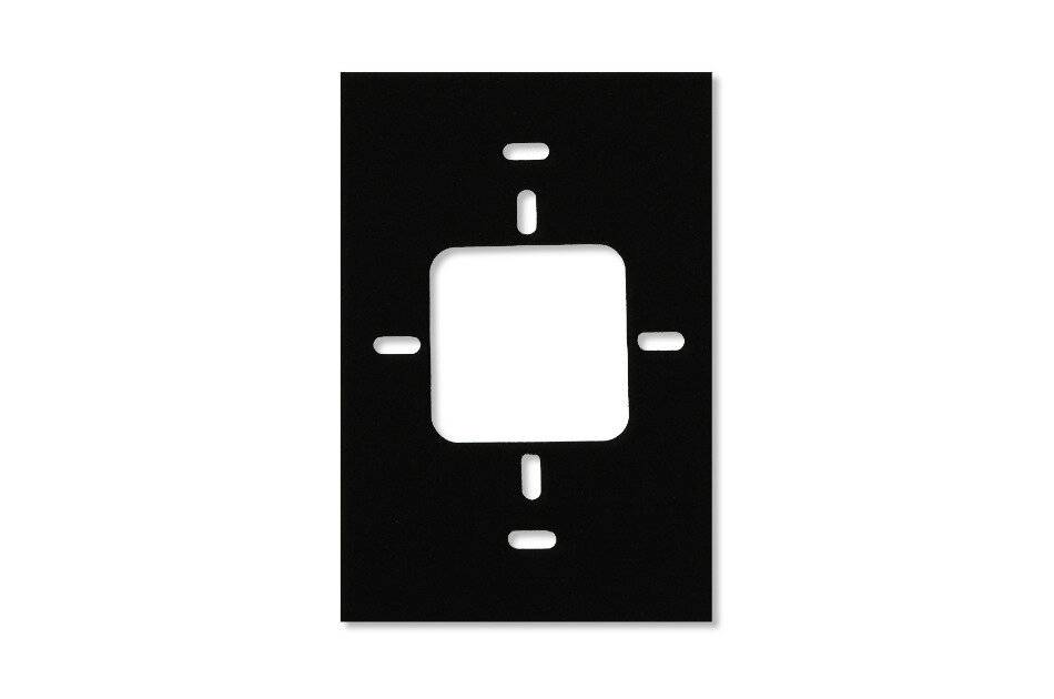 Schwarze rechteckige Platte mit einem zentrierten weißen abgerundeten Quadrat und vier Paaren kurzer weißer Ausrichtungsmarken rundherum