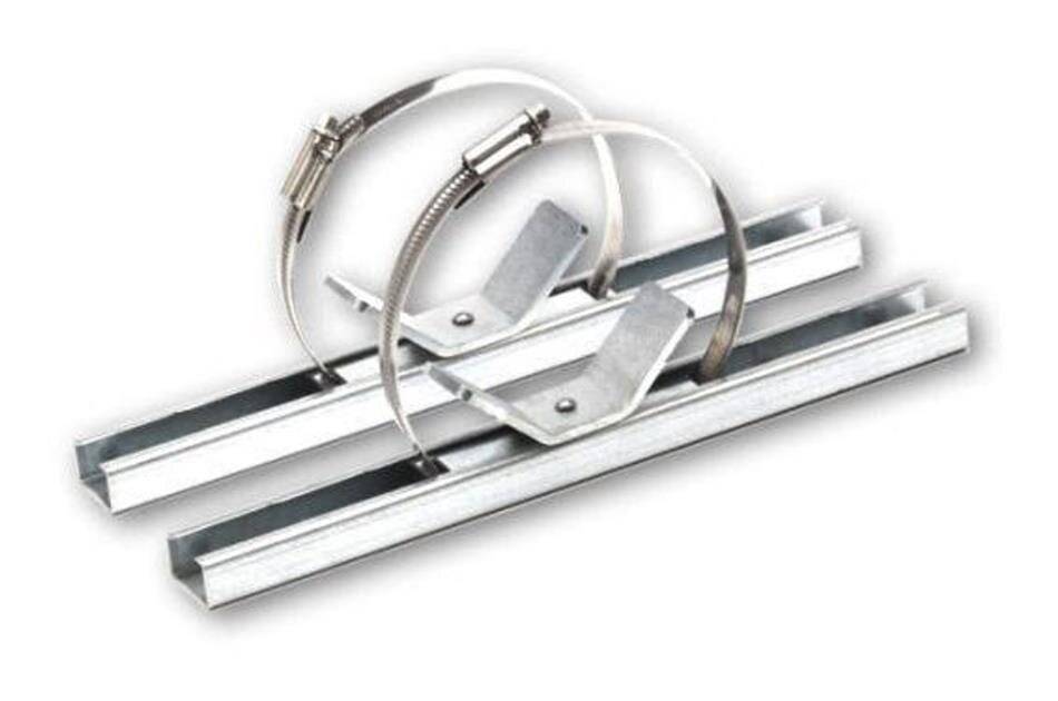 Metallische Kabelführungsbaugruppe mit zwei Schienen und federbelasteten Ringen auf weißem Hintergrund.