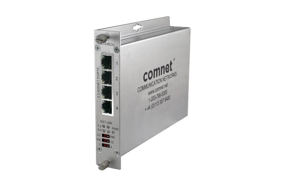 Comnet Kommunikationsnetzwerkmodul mit vier Ethernet-Anschlüssen und Status-LEDs in einem silbernen Metallgehäuse.
