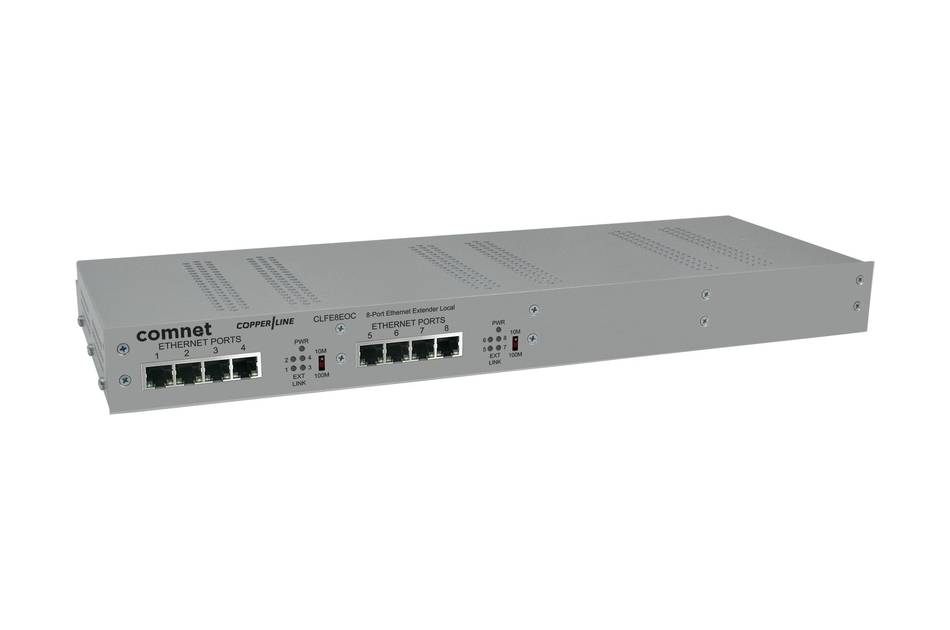 Ein Netzwerkgerät mit der Bezeichnung 'Ethernet Extender' mit acht Ethernet-Ports, Strom- und Verbindungsanzeigen.