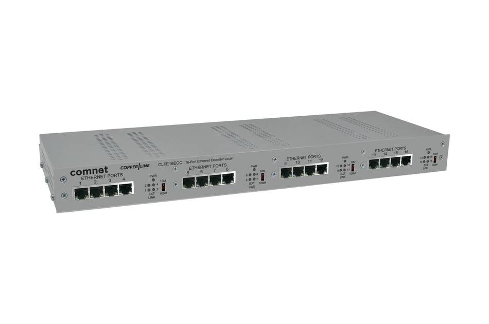 ComNet CopperLine Ethernet-Extender mit mehreren Ethernet-Anschlüssen, Modell CLE1EOCO, auf einem einfarbigen Hintergrund.