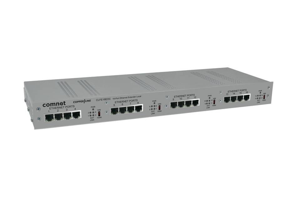 Rackmount Comnet Netzwerkgerät mit vier Gruppen von Ethernet-Anschlüssen auf einem grauen Frontpanel.