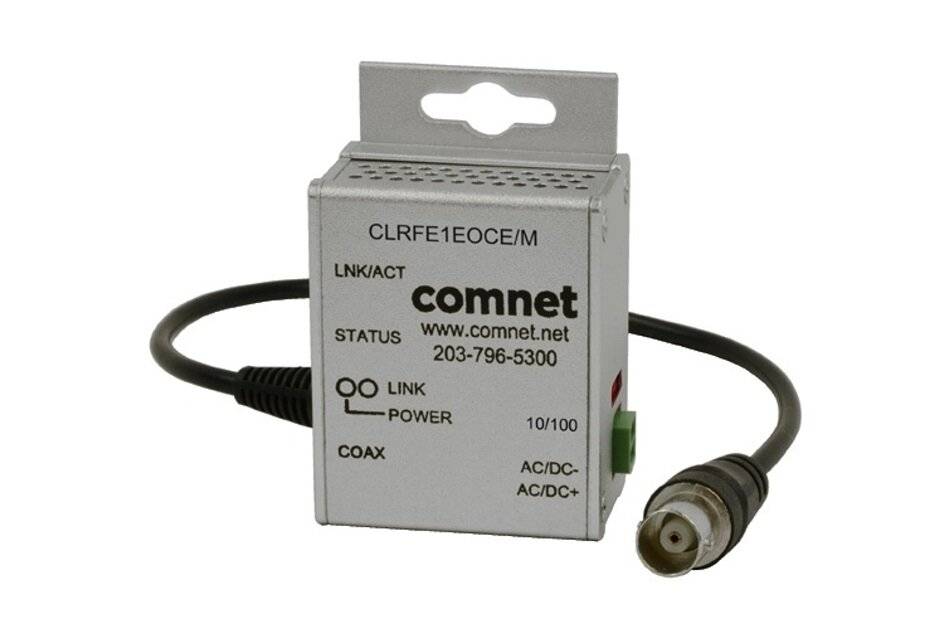 Gray ComNet CLFRE1EOC/E/M Koaxial-zu-Ethernet-Medienkonverter mit angeschlossenem Kabel und Stecker, auf weißem Hintergrund gezeigt.