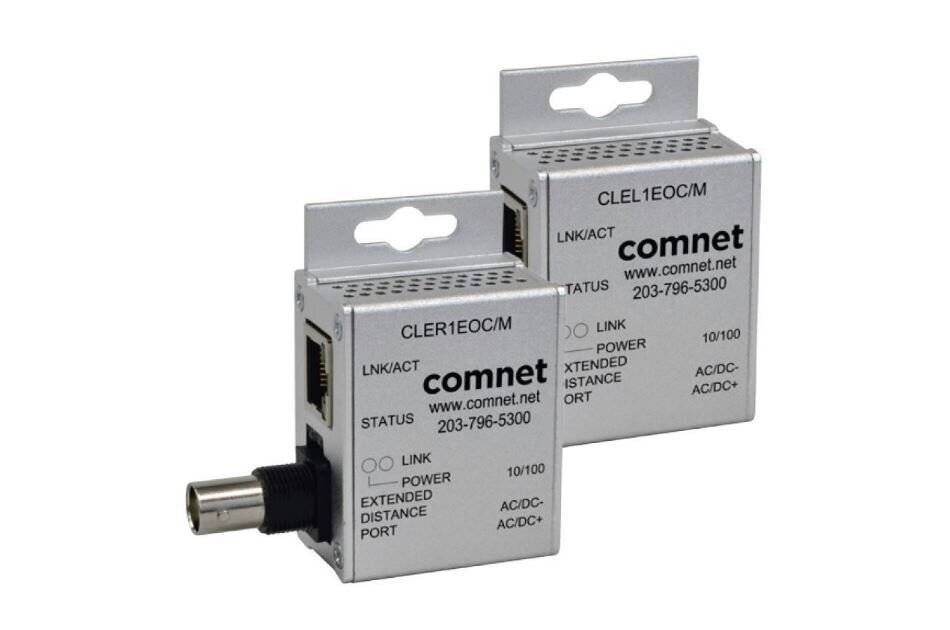 Zwei Comnet-Netzwerkgeräte, Modell CLER1EOC/M, mit Ethernet- und Koaxialports. Beschriftungen lesen sich: 'Link', 'Power', 'Erweiterter Distanzport'.