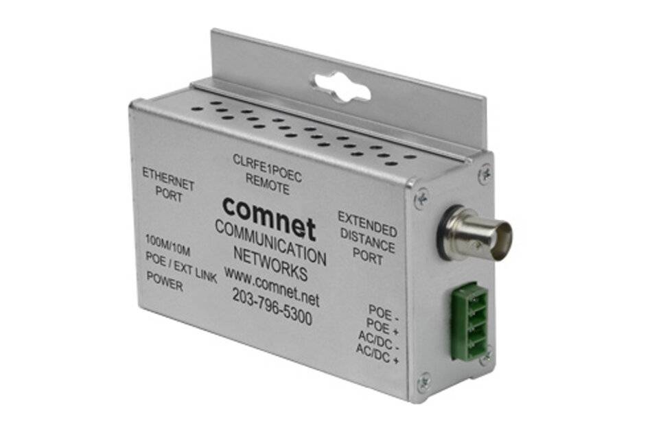 Metallisches ComNet-Kommunikationsnetzwerkgerät mit Ethernet- und erweiterten Distanzanschlüssen, PoE/Stromversorgungsklemmen, gezeigt in der Produktansicht auf weißem Hintergrund.