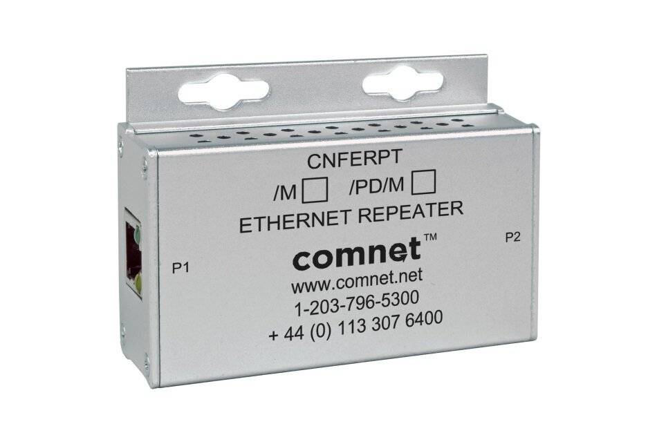Ethernet-Repeater-Gerät mit Firmendetails gekennzeichnet: comnet, Telefonnummern 1-203-796-5300, +44 (0) 113 307 6400, zwei Ports P1, P2.