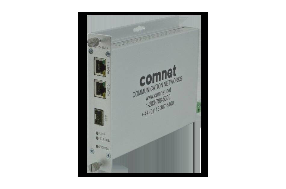 Weiße Comnet Communications Networks Ethernet-Gerät mit drei vorderen Anschlüssen und Statusleuchten, dargestellt in einem Produktfoto.