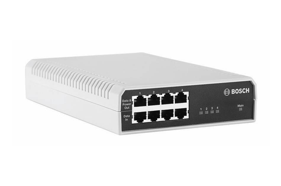 Weißer Bosch-Netzwerk-Switch mit acht Ethernet-Anschlüssen auf der Frontblende und Status-LEDs, abgebildet auf einem einfachen Hintergrund.