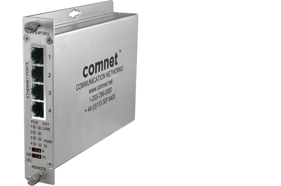 Silver ComNet Kommunikationsnetzwerkgerät mit vier Ethernet-Anschlüssen und PoE-Indikatoren, dargestellt in einer Seitenansicht auf weißem Hintergrund.