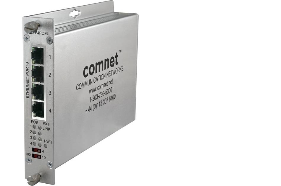 Industrielles Comnet-Kommunikationsnetzwerkgerät mit vier Ethernet-Anschlüssen und PoE-LEDs, dargestellt in einem metallischen Rack-Mount-Gehäuse.