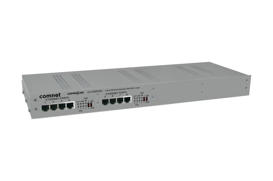 Grauer ComNet-Rack-Netzwerk-Switch mit mehreren Ethernet-Anschlüssen und Status-LEDs auf der Frontblende auf weißem Hintergrund.