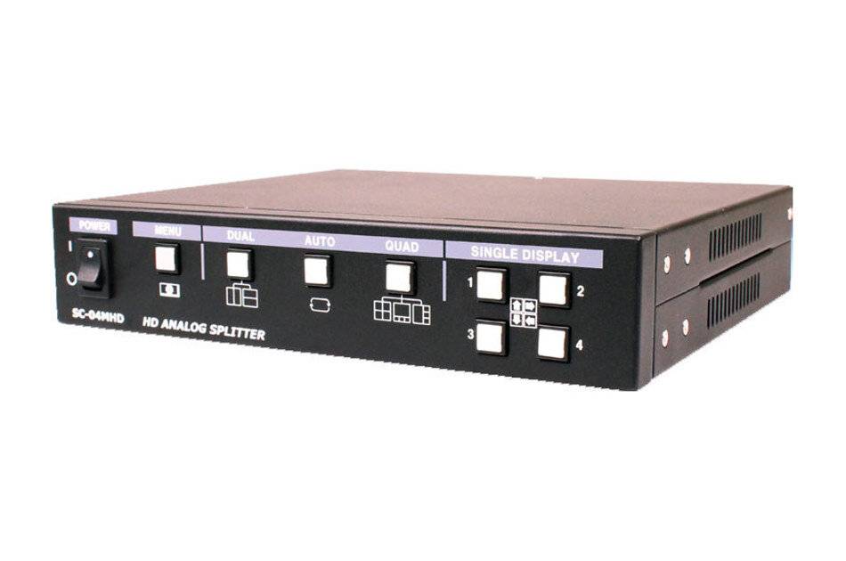 Black SC-AN10D HD-Analogverteiler mit Power- und Modusschaltflächen, einschließlich Einzeldisplay- und Quad-Ausgabeoptionen.