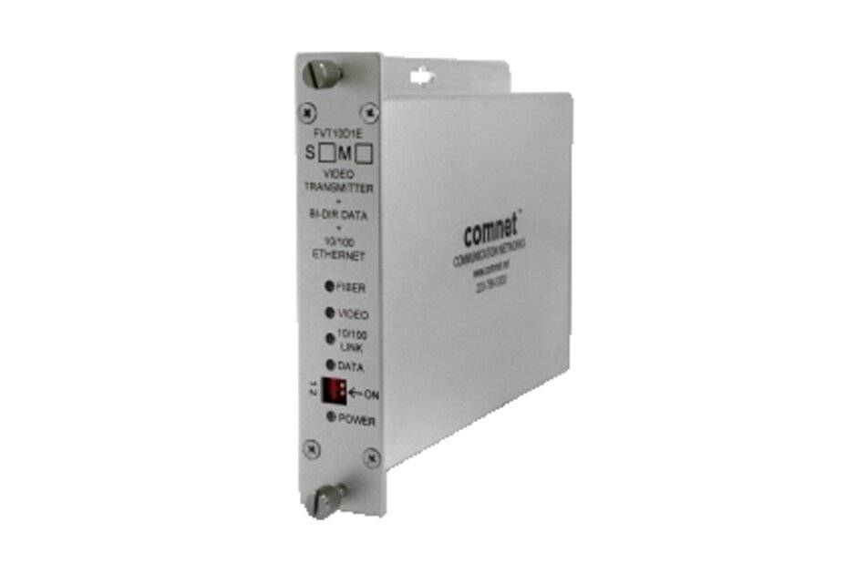 Graues ComNet SFM10E-Videoüberträgermodul mit Statusleuchten an der Frontplatte und Ethernet-Anschluss, dargestellt auf weißem Hintergrund.