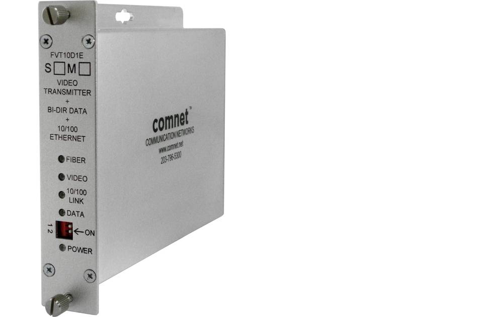 Silber ComNet Video-Sendemodul mit Frontplattenbeschriftungen für Glasfaser, Video, Ethernet, Daten, Verbindung, Stromversorgung und Ein-/Ausschalter.
