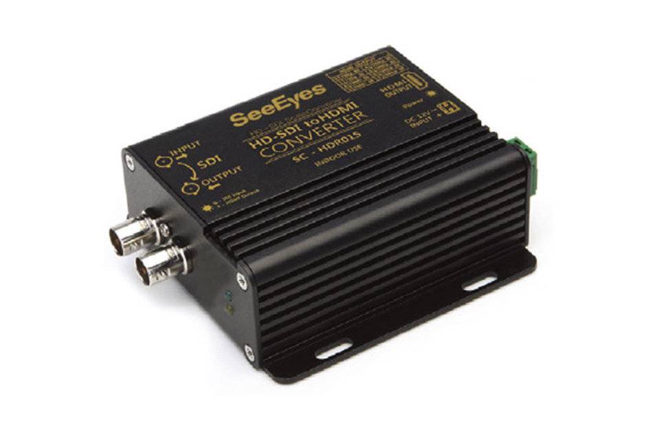 HD-SDI zu HDMI Konverter-Gerät von SeeEyes; beschriftete Eingänge und Ausgänge; verwendet zur Video-Signalumwandlung.