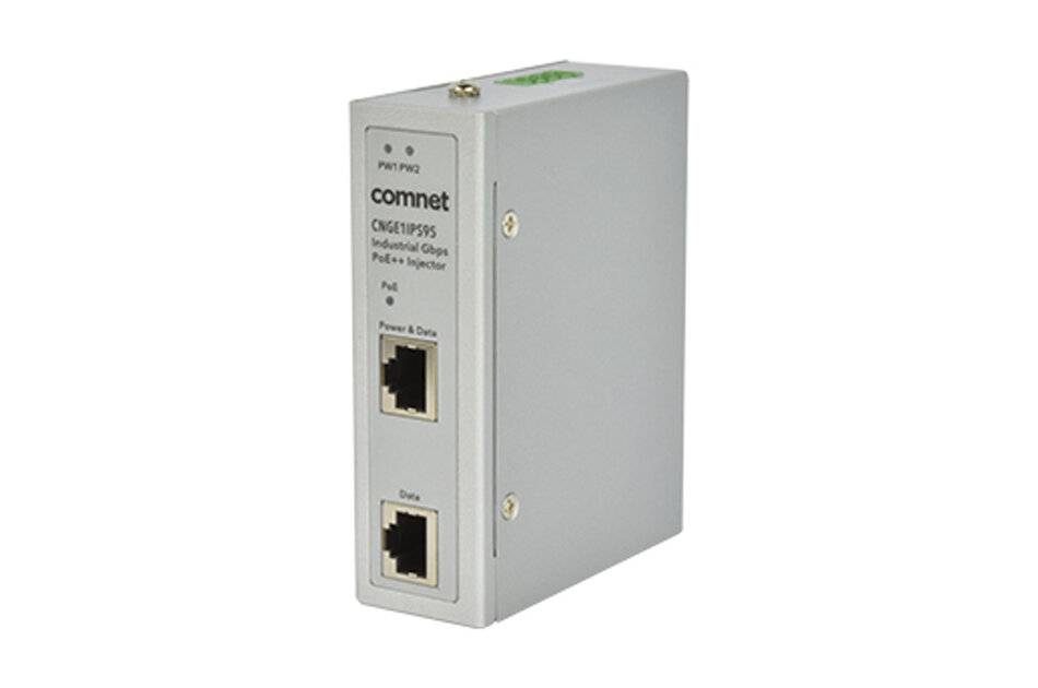Graue CommNet Industrie-Stromschutz- und Datenüberspannungsschutzbox mit zwei Ethernet-Anschlüssen auf der Frontplatte.
