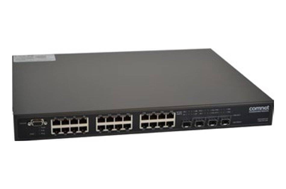 Rackmount-Ethernet-Netzwerkschalter mit mehreren Frontplattenports und Statusanzeigen auf weißem Hintergrund.