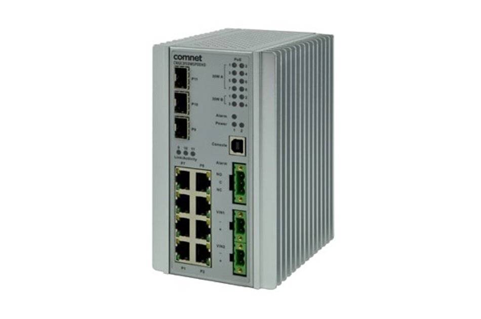 Industrie-Ethernet-Switch mit mehreren RJ45-Anschlüssen und grünen Glasfaseranschlüssen in einem gerippten Metallgehäuse