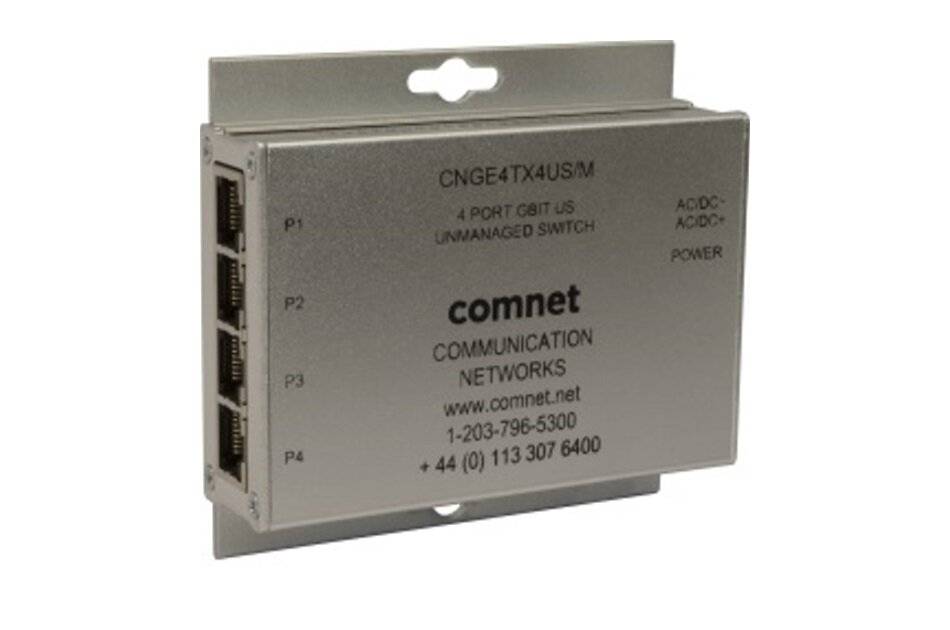 ComNet Communications 4-Port-Gigabit-Netzwerk-Switch (nicht verwaltet), Vorderansicht mit vier Ethernet-Anschlüssen und Beschriftungen der Stromanzeige.